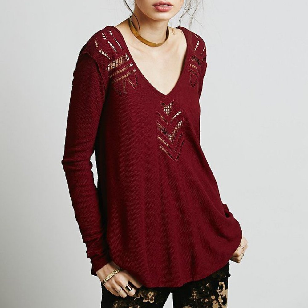 Free People Maroon burgundy Lace cut out Sleeve Moonrise Thermal Tee L